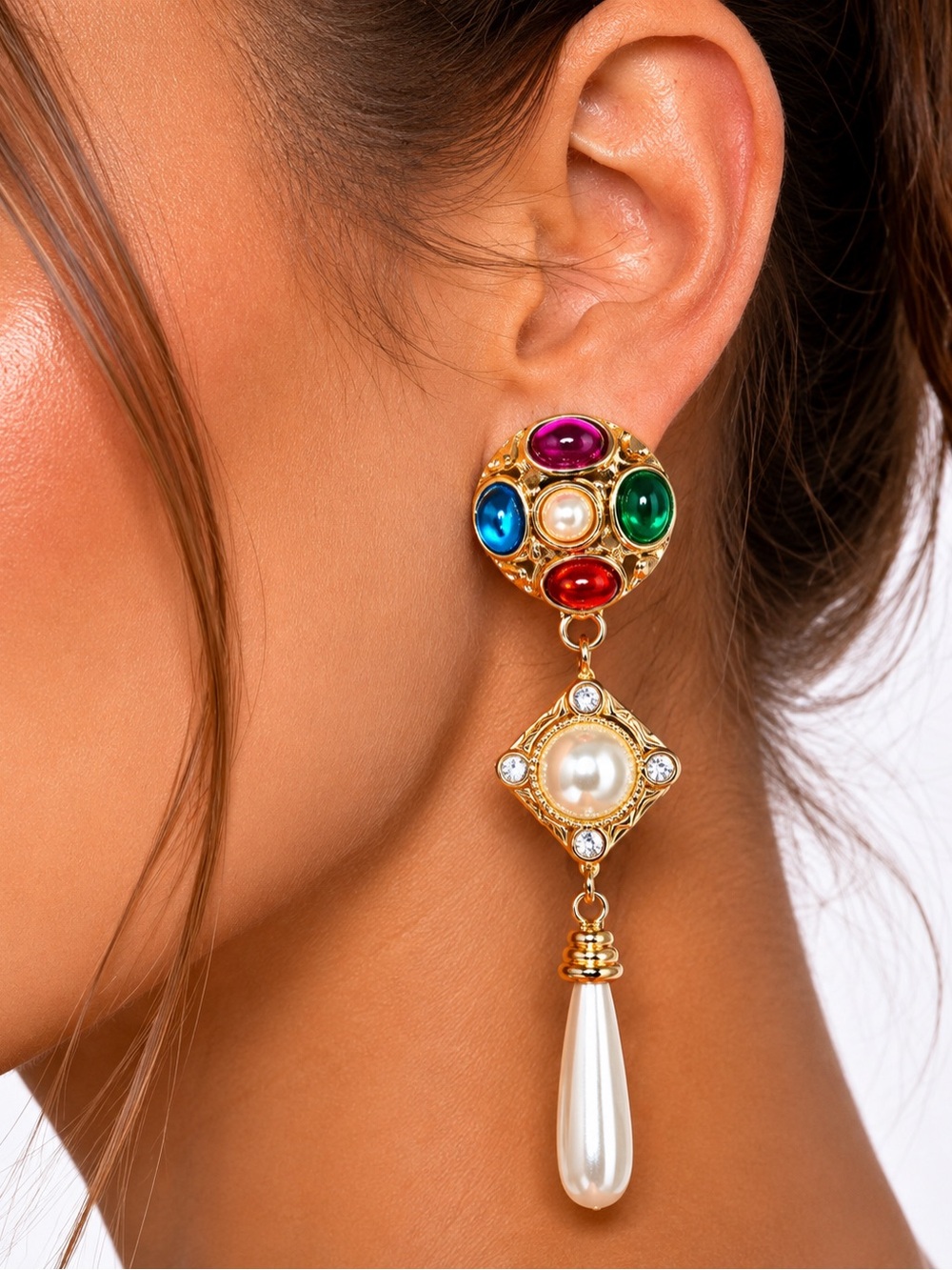 Vintage Statement Drop Gold Tone Multi Color Cabochon Faux Pearl Earrings